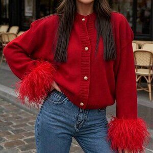 Red Casual Festive Women's fluffy faux fur sleeve cuffs Cardigan Top
